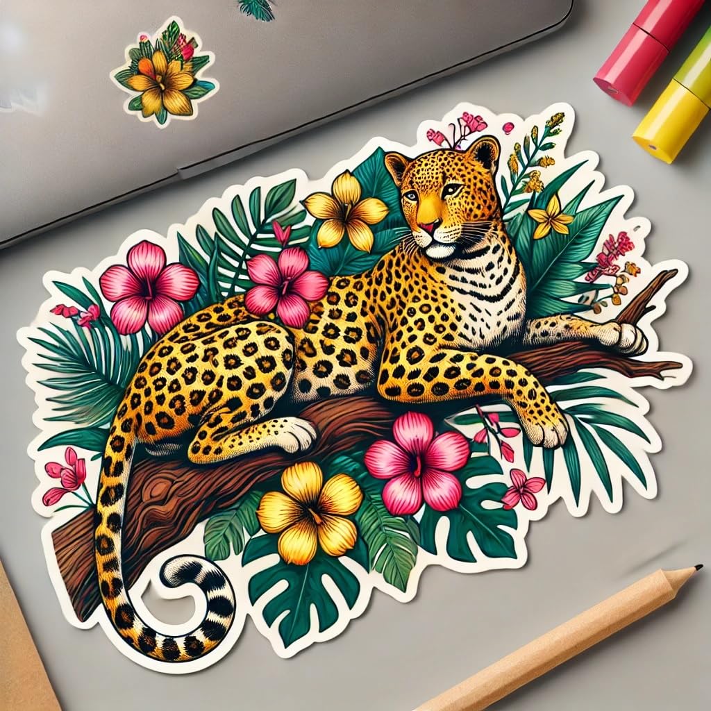 Vinyl sticker: Tropical Leopard on Tree Sticker for Laptop, Wall, Car, Window, Bumper, Decal, Waterproof Truck Vinyl for Auto and Water Bottle