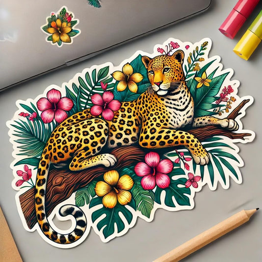 Vinyl sticker: Tropical Leopard on Tree Sticker for Laptop, Wall, Car, Window, Bumper, Decal, Waterproof Truck Vinyl for Auto and Water Bottle