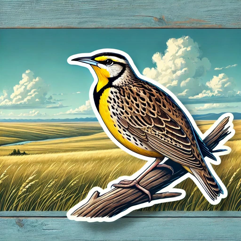 Vinyl sticker: Realistic Western Meadowlark Sticker for Laptop, Wall, Car, Window, Bumper, Decal, Truck, Auto, Water Bottle – Wyoming State Bird Prairie Landscape Art
