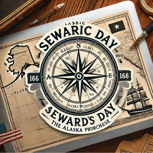 Vinyl sticker: Seward's Day Compass Alaska Map Laptop Wall Car Window Bumper Sticker Decal Truck Waterproof Auto Water Bottle