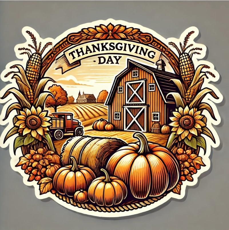 Vinyl sticker: Thanksgiving Day Rustic Barn Sticker for Laptop, Wall, Car, Window, Bumper Decal – Countryside Harvest Scene Design for Truck, Waterproof and Auto Use, Ideal for Water Bottles and More