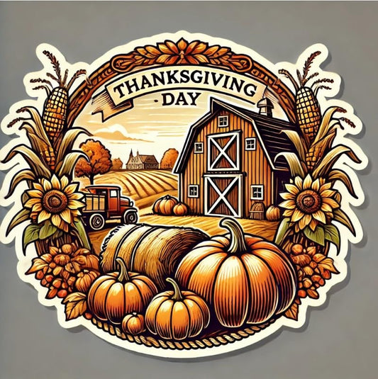 Vinyl sticker: Thanksgiving Day Rustic Barn Sticker for Laptop, Wall, Car, Window, Bumper Decal – Countryside Harvest Scene Design for Truck, Waterproof and Auto Use, Ideal for Water Bottles and More