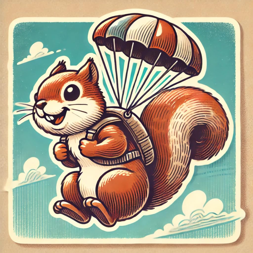 Vinyl sticker: Retro 70s Skydiving Squirrel Laptop Wall Car Window Bumper Sticker Decal - Pencil Drawn Parachuting Design - Waterproof and Durable for Auto, Truck, Water Bottle, More