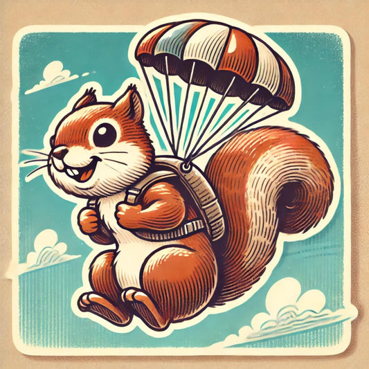 Vinyl sticker: Retro 70s Skydiving Squirrel Laptop Wall Car Window Bumper Sticker Decal - Pencil Drawn Parachuting Design - Waterproof and Durable for Auto, Truck, Water Bottle, More