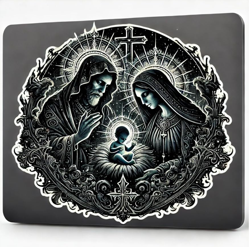 Vinyl sticker: Gothic Nativity Scene with Medieval Patterns, Laptop and Car Decal