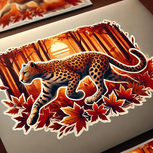 Vinyl sticker: Running Leopard in Autumn Leaves Sticker for Laptop, Wall, Car, Window, Bumper, Decal, Waterproof Truck Vinyl for Auto and Water Bottle (8)