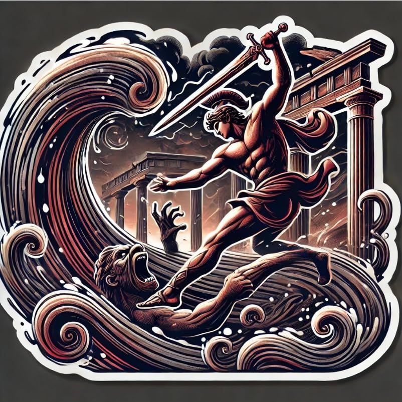 Vinyl sticker: Perseus Greek Mythology Battle Sticker for Laptop, Wall, Car, Window, Bumper, Decal, Truck, Waterproof, Auto, Water Bottle. Variation 2