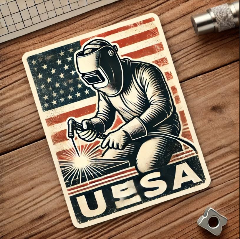 Vinyl sticker: Vintage American Welder with USA Flag Sticker - Retro Patriotic Welding Decal for Laptop, Wall, Car, Window, Bumper, Truck, Waterproof Vinyl for Water Bottle and Auto