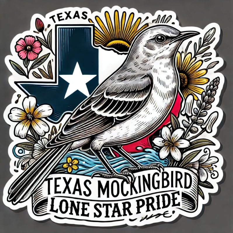 Vinyl sticker: Texas Mockingbird Lone Star Pride Sticker for Laptop, Wall, Car, Window, Bumper, Waterproof Decal for Truck and Water Bottle. (6)