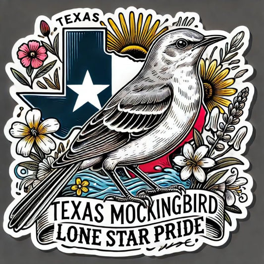 Vinyl sticker: Texas Mockingbird Lone Star Pride Sticker for Laptop, Wall, Car, Window, Bumper, Waterproof Decal for Truck and Water Bottle. (6)