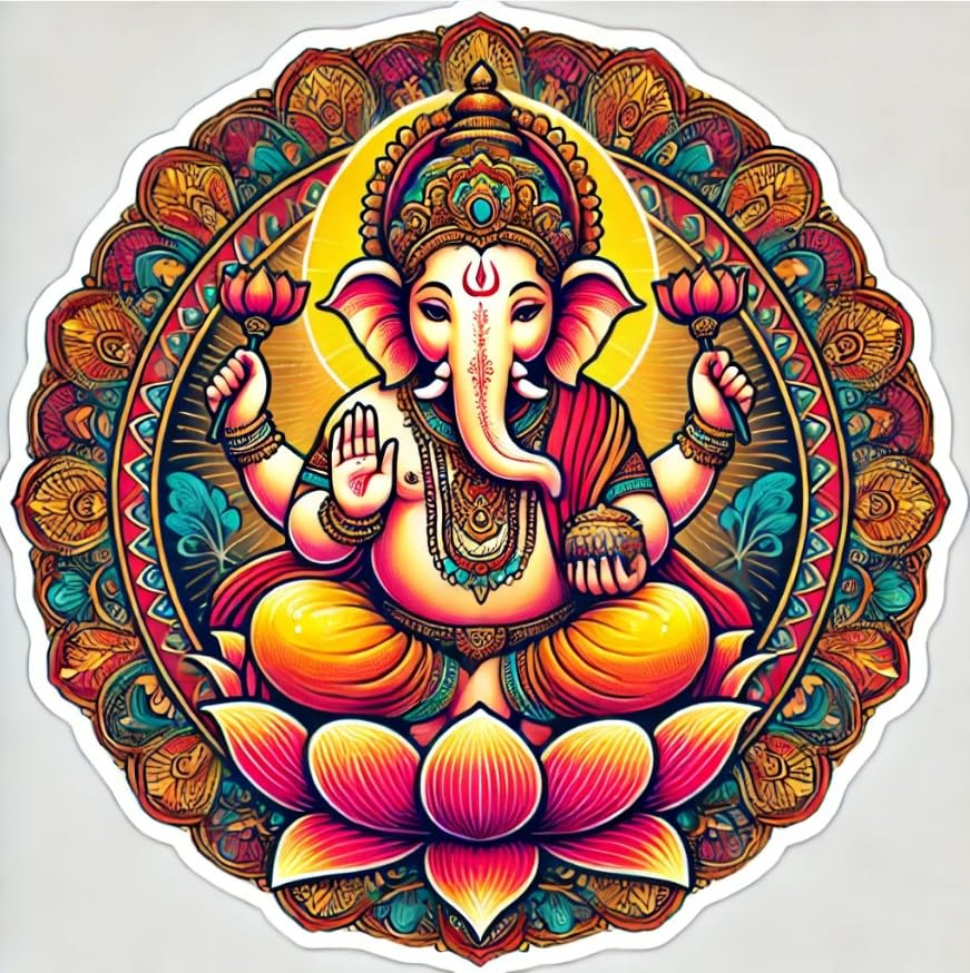 Vinyl sticker: Vibrant Ganesha Blessing Laptop, Car, Water Bottle, Window Sticker - Traditional Indian Patterns and Lotus Flowers - Prosperity and Protection Waterproof Decal for Bumpers and Auto