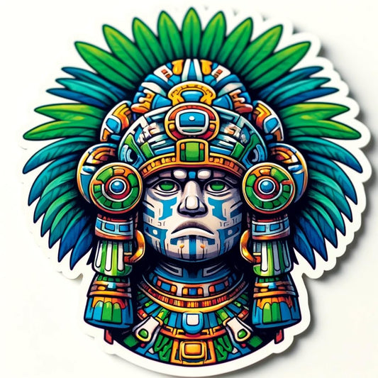 Vinyl sticker: Aztec God Tlaloc Sticker - Vibrant Human Form Rain God Decal for Laptop, Wall, Car, Window, Bumper, Water Bottle, and More