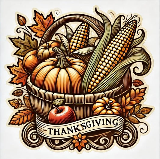 Vinyl sticker: Thanksgiving Day Harvest Basket Sticker for Laptop, Wall, Car, Window, Bumper Decal – Classic Autumn Produce Design for Truck, Waterproof and Auto Use, Ideal for Water Bottles and More