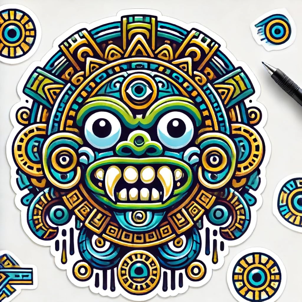 Vinyl sticker: Aztec Tlaloc God of Rain Sticker - Bold Design with Goggle Eyes for Laptop, Wall, Car, Window, Bumper, Waterproof Decal for Truck, Auto, Water Bottle.