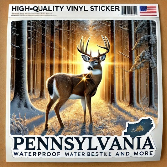 Vinyl sticker: Sunrise Winter Forest White-Tailed Deer Vinyl Sticker for Laptop, Wall, Car, Window, Bumper, Decal, Truck, Waterproof, Auto, Water Bottle