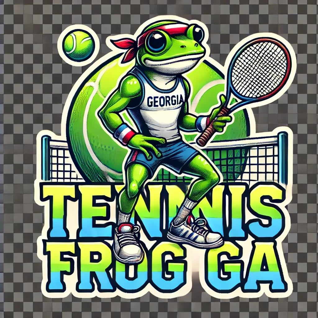Vinyl sticker: Waterproof Laptop Car Window Wall Bumper Sticker Decal Truck Auto Water Bottle – Tennis Frog GA American Green Tree Frog on Court with Racket and Sweatband