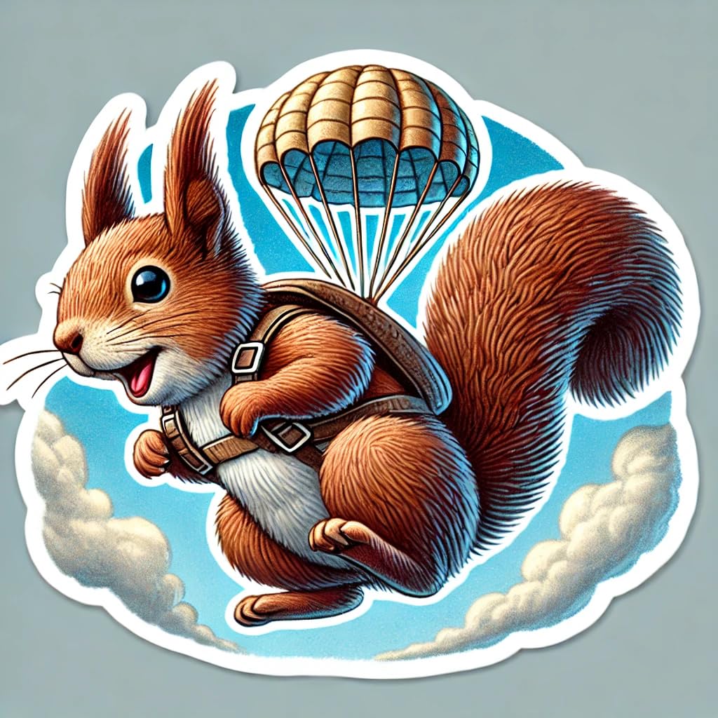 Vinyl sticker: Vintage 70s Skydiving Squirrel Laptop Wall Car Window Bumper Sticker Decal - Pencil Drawn Parachuting Design - Waterproof and Durable for Auto, Truck, Water Bottle, More (4)