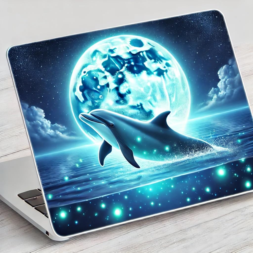 Vinyl sticker: Laptop Wall Car Window Bumper Sticker Decal Truck Waterproof Auto Water Bottle – Realistic Dolphin Leaping in Moonlight with Shooting Star and Calm Ocean Reflections in Magical Night Scene (4)