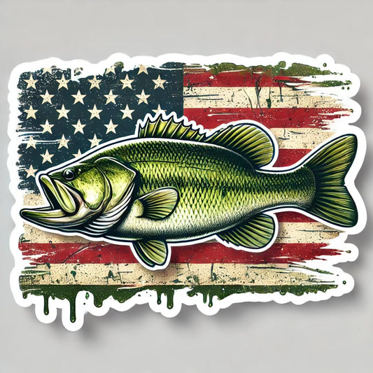 Vinyl sticker: Tattered Swampy American Flag Background Largemouth Bass Fish Sticker Decal - Perfect for Car, Truck, Wall, Laptop, Window, Bumper, Water Bottle, and More