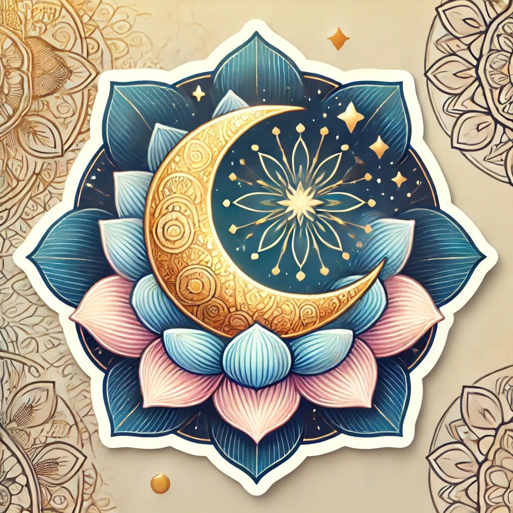 Vinyl sticker: Buddhist Crescent Moon Sticker Decal for Car, Laptop, Wall, Window, Bumper, Waterproof Vinyl Decoration with Mandala and Lotus Flower for Spiritual and Meditation Decor