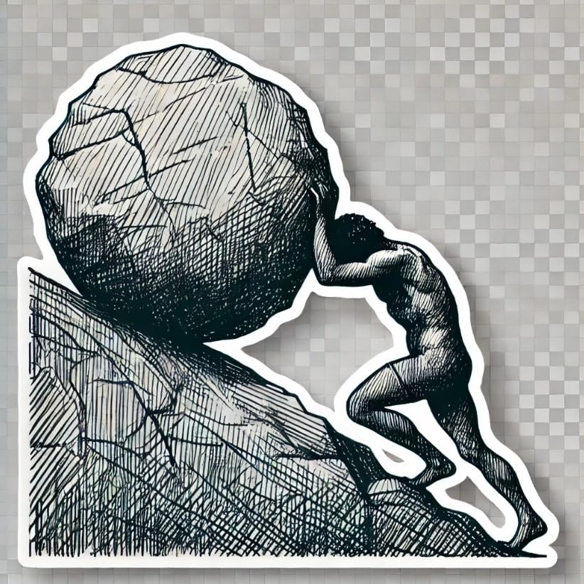 Vinyl sticker: Waterproof Lightly Sketched Sisyphus and Boulder Sticker for Laptop, Wall, Car, Window, Bumper, Truck, and Water Bottle Decal