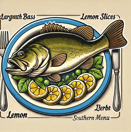 Vinyl sticker: Car Laptop Wall Window Bumper Sticker Waterproof Auto Water Bottle Decal Truck – Largemouth Bass on Plate with Lemons Georgia State Fish in Funny Southern Diner Style (6)