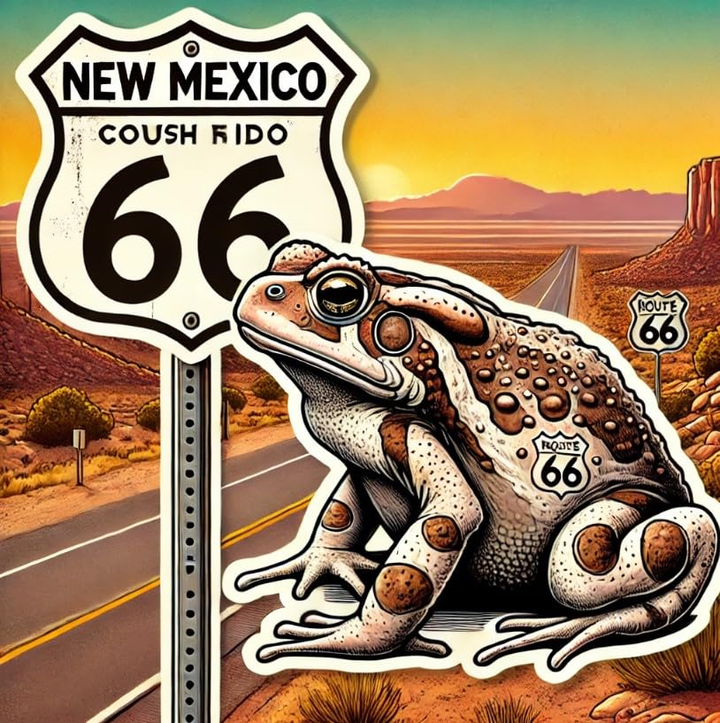 Vinyl sticker: Route 66 Spadefoot Toad New Mexico Sticker – Waterproof Vintage Roadside Vinyl Decal for Laptop, Truck, Car Window, Wall, Water Bottle, Auto, and Bumper