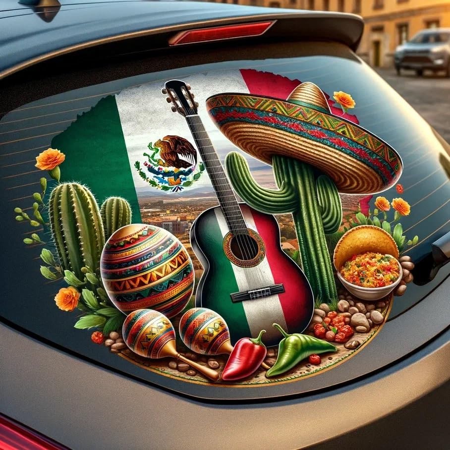 Vinyl sticker: Sticker Guitar Maracas Flag Sombrero Flowers Desert Patriotic Mexico Vinyl Decal Waterproof Weather Resistant Letters Estado Aguila Mexican Flag Design Perfect for Car Truck Bumper Laptop Tumbler