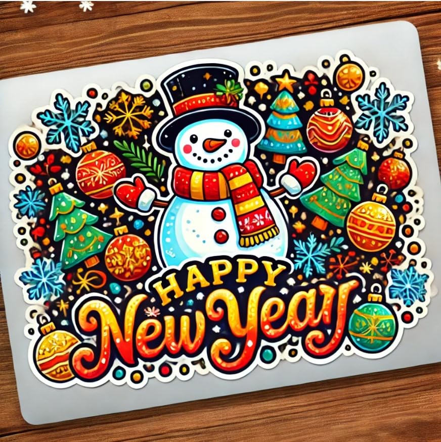 Vinyl sticker: New Year Snowman Sticker for Laptop, Wall, Car, Window, Bumper, Decal, Waterproof Auto, and Water Bottle