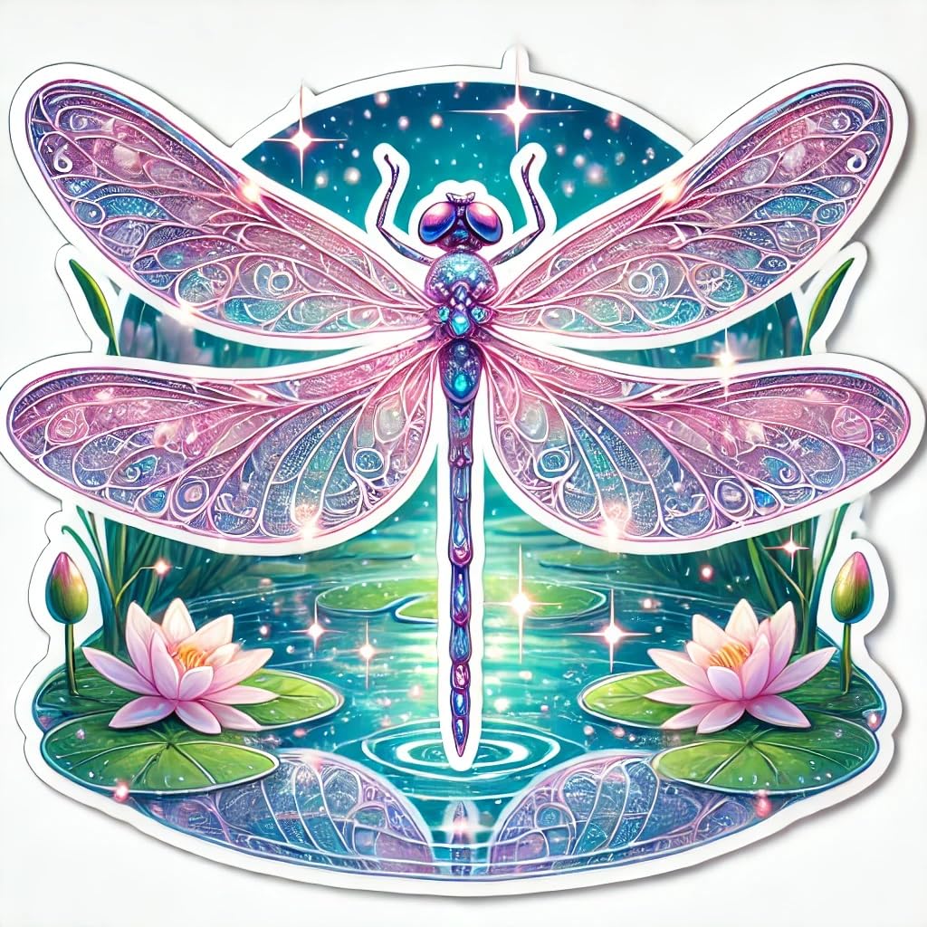 Vinyl sticker: Fantasy Dragonfly Laptop Wall Car Window Bumper Sticker – Pastel Wings Over Enchanted Pond Decal for Truck, Auto, Water Bottle, Waterproof (4)