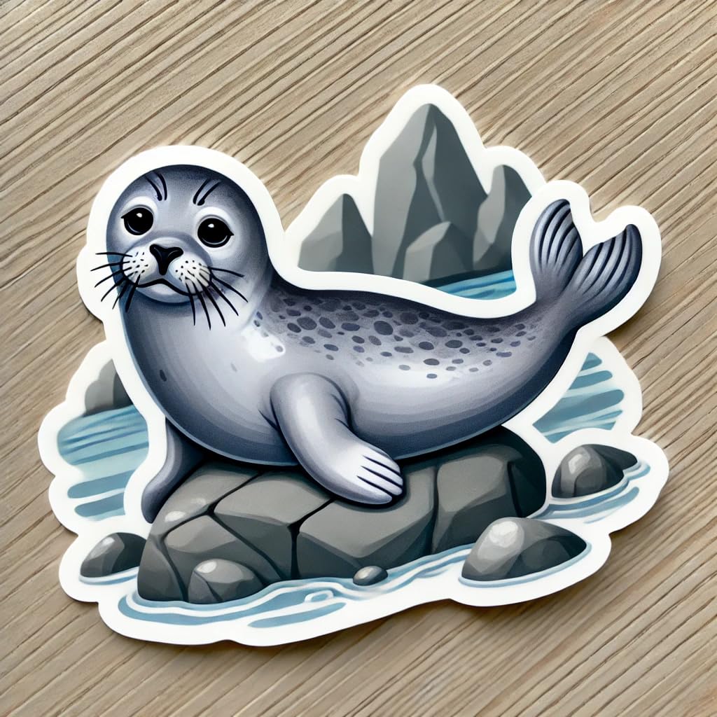 Vinyl sticker: Waterproof Harbor Seal Sticker Decal for Laptop, Wall, Car, Window, Bumper, Truck, Water Bottle, Auto - Cute Ocean Wildlife on Rocky Shore