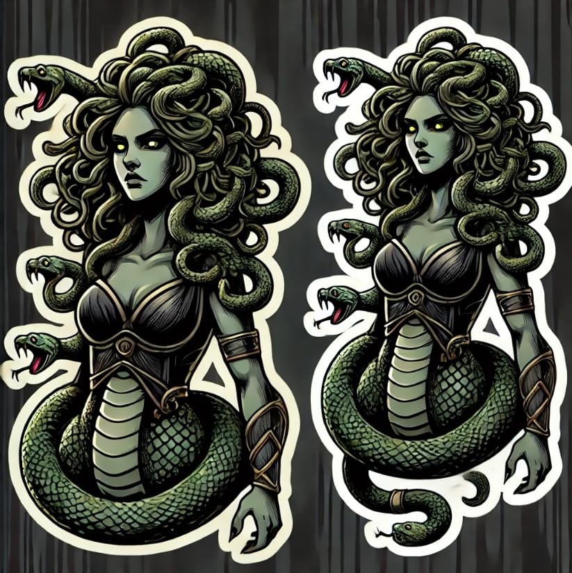 Vinyl sticker: Solemn Medusa Gorgon Full-Body Vinyl Sticker | Mythical Warrior Decal for Car, Laptop, Window, Water Bottle