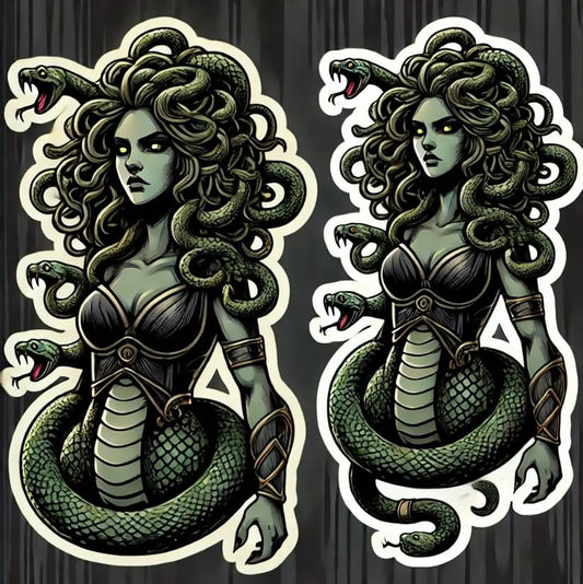 Vinyl sticker: Solemn Medusa Gorgon Full-Body Vinyl Sticker | Mythical Warrior Decal for Car, Laptop, Window, Water Bottle