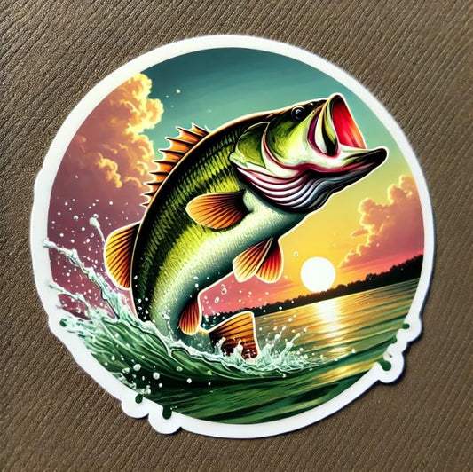 Vinyl sticker: Sunrise Largemouth Bass Sticker for Car, Laptop, Water Bottle, and Bumper – Florida Fish Decal with Vibrant Splash Design, Waterproof and Durable