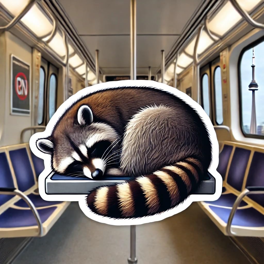 Vinyl sticker: Laptop Wall Car Window Bumper Sticker Decal Truck Waterproof Auto Water Bottle Toronto Trash Panda Realistic Raccoon Sleeping on Subway Seat with CN Tower Reflection