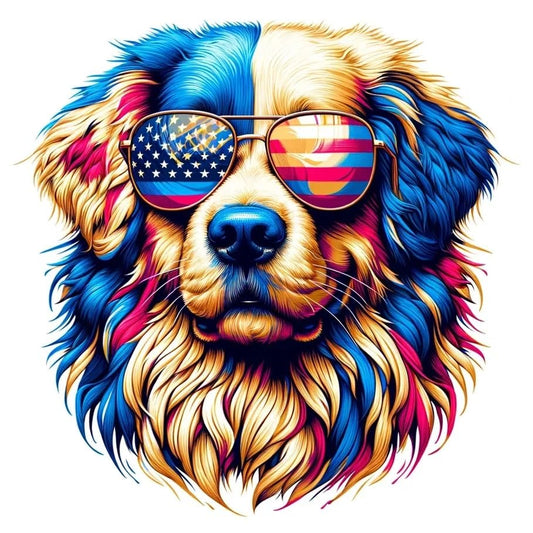 Vinyl sticker: Sticker Golden Retriever Glasses Flag Star USA Patriotic Dog Vinyl Decal American Flag & Cute Dogs in Glasses USA Pride Canine Waterproof Décor for Laptops Water Bottles Bumper Sticker (8")