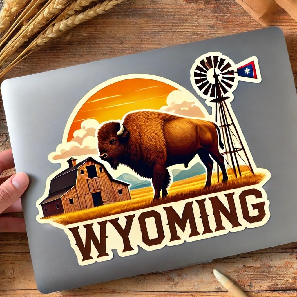 Vinyl sticker: Sunset Bison Car Laptop Wall Window Waterproof Sticker – Buffalo on Dirt Road with Old Barn and Windmill in Golden Wyoming Scene with State Flag Clouds for Auto Bumper Bottle (4)