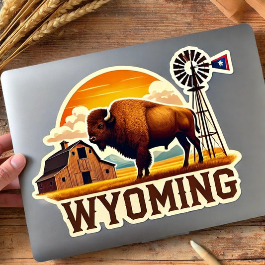 Vinyl sticker: Sunset Bison Car Laptop Wall Window Waterproof Sticker – Buffalo on Dirt Road with Old Barn and Windmill in Golden Wyoming Scene with State Flag Clouds for Auto Bumper Bottle (4)