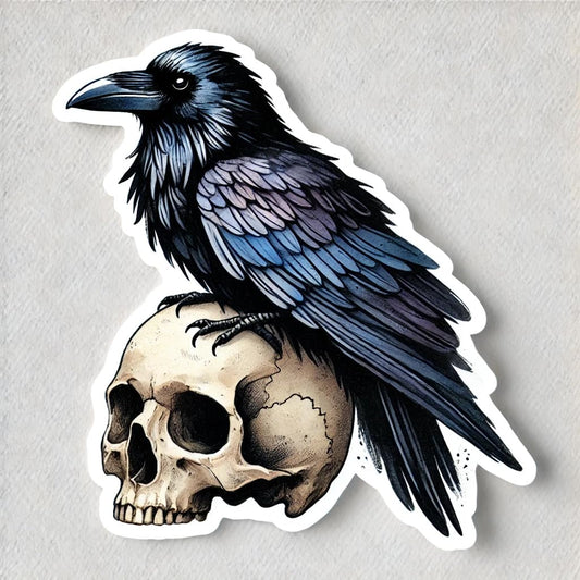Vinyl sticker: Artistic Watercolor Raven Crow on Skull Laptop Wall Car Window Bumper Sticker Decal Truck Waterproof Auto Water Bottle