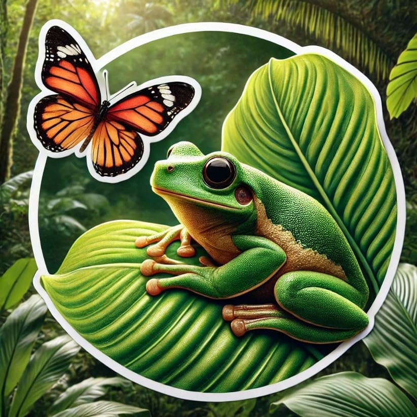 Vinyl sticker: Nature-Inspired Frog and Butterfly on Tropical Leaf Sticker Decal for Laptop, Wall, Car, Window, Bumper, Truck, Water Bottle - Durable Vinyl Sticker for Auto and Home Decor