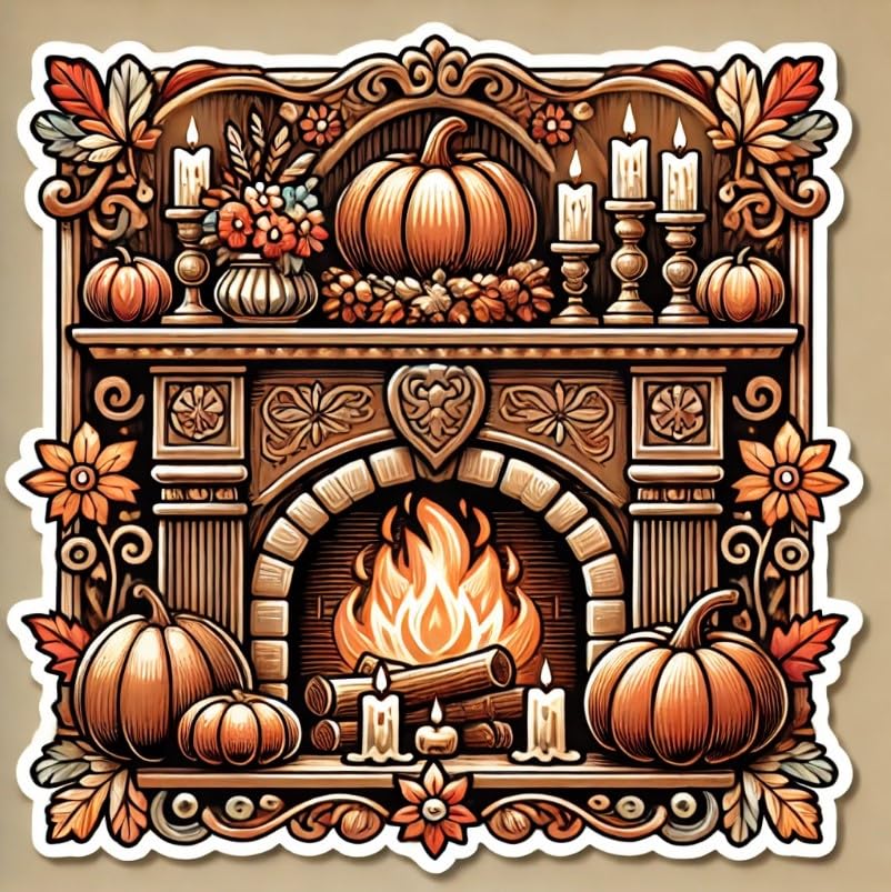 Vinyl sticker: Thanksgiving Day Cozy Fireplace Sticker for Laptop, Wall, Car, Window, Bumper Decal – Warm Autumn Hearth Design for Truck, Waterproof and Auto Use, Perfect for Water Bottles and More