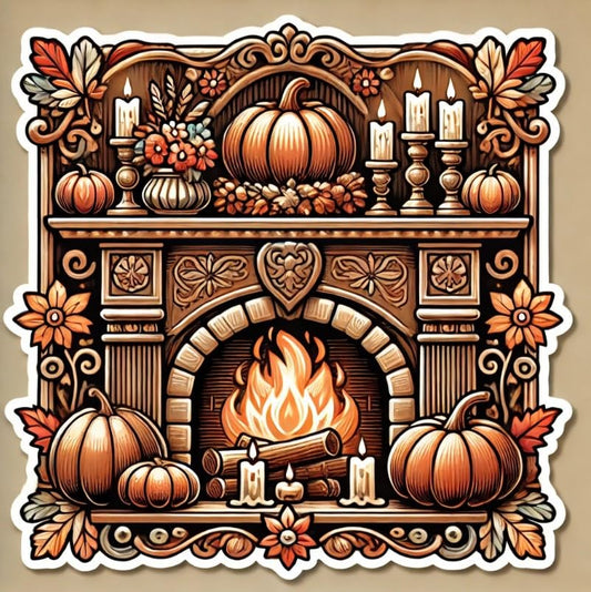 Vinyl sticker: Thanksgiving Day Cozy Fireplace Sticker for Laptop, Wall, Car, Window, Bumper Decal – Warm Autumn Hearth Design for Truck, Waterproof and Auto Use, Perfect for Water Bottles and More