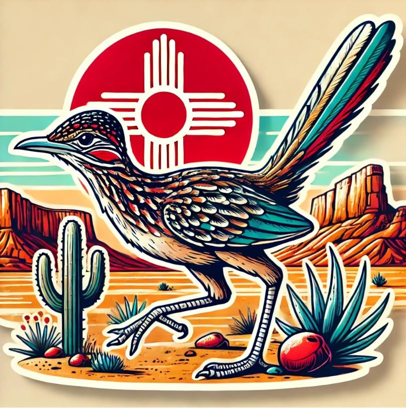 Vinyl sticker: Laptop Wall Car Window Bumper Sticker Decal Truck Waterproof Auto Water Bottle – Greater Roadrunner in New Mexico Desert with Zia Sun Symbol