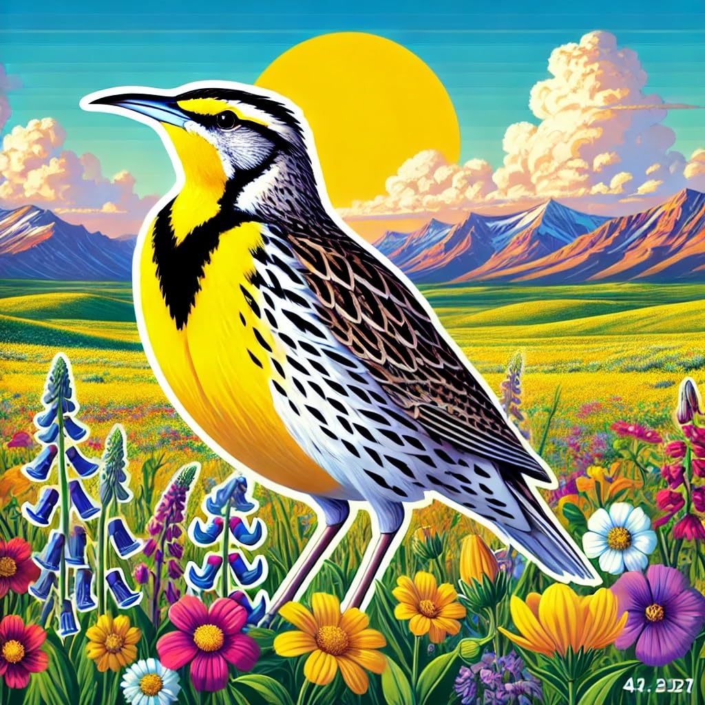 Vinyl sticker: Western Meadowlark in Blooming Prairie Sticker for Laptop, Wall, Car, Window, Bumper, Decal, Truck, Auto, Water Bottle – Wyoming State Bird Wildflower Field Scene (6)