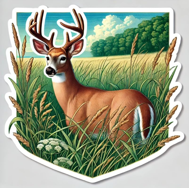Vinyl sticker: White-Tailed Deer in Meadow – Sticker Decal for Laptop, Wall, Car, Window, Bumper, Truck, Waterproof, Auto, Water Bottle (6)
