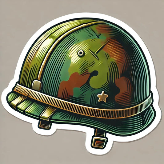 Vinyl sticker: Classic Military Helmet Sticker - Vibrant Vinyl Decal for Laptop, Wall, Car, Window, Bumper, Truck, Water Bottle - Helmet with Camouflage Pattern Design