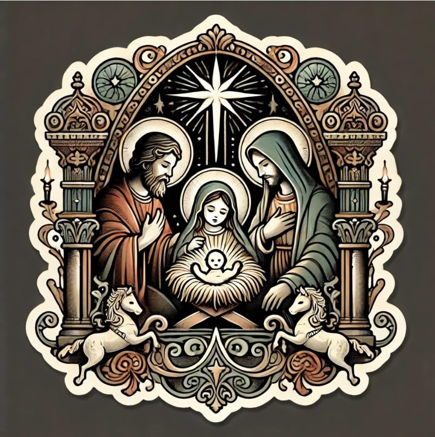 Vinyl sticker: Vintage Nativity Scene with Victorian Frame, Laptop and Car Decal