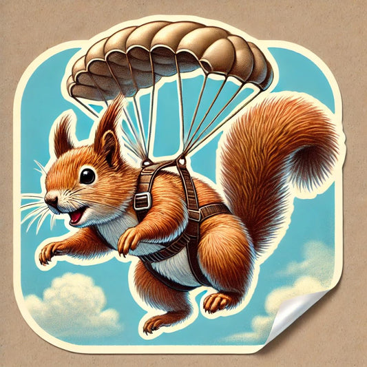 Vinyl sticker: Retro Charm Skydiving Squirrel Laptop Wall Car Window Bumper Sticker Decal - 1970s Pencil Drawn Parachuting Design - Waterproof and Durable for Auto, Truck, Water Bottle, More (4)