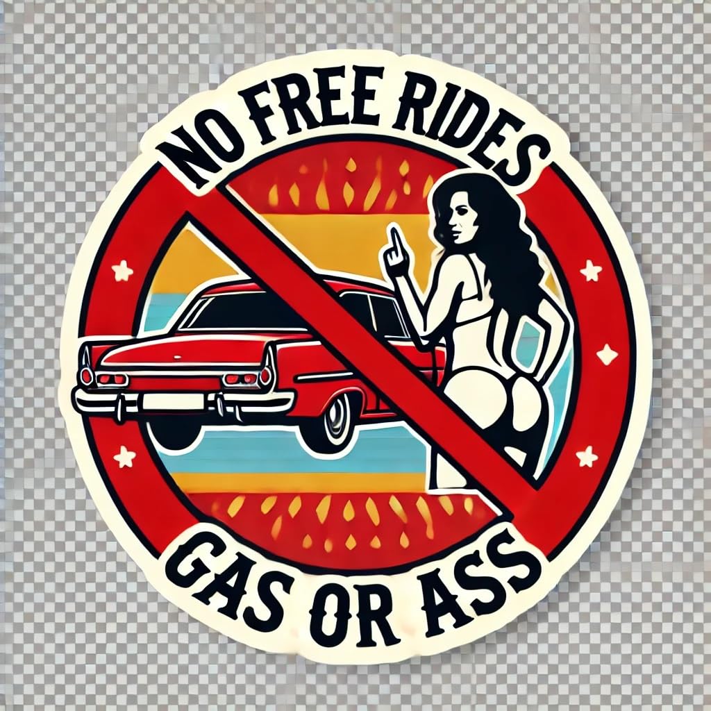 Vinyl sticker: "'No FREE RIDES - Gas or Ass' Car and Female Silhouette Transparent Waterproof Car Bumper Sticker Decal for Truck, Laptop, Window, Auto, and Water Bottle"