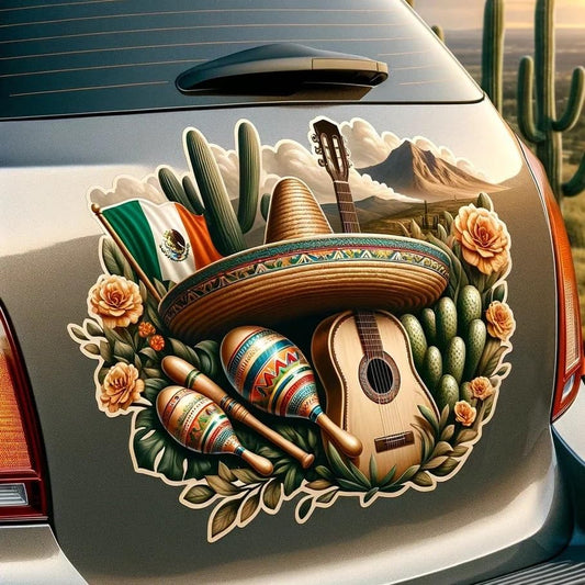 Vinyl sticker: Sticker Mountains Cactus Sombrero Maracas Guitar Patriotic Mexico Vinyl Decal Waterproof Weather Resistant Letters Estado Aguila Mexican Flag Design Perfect for Car Truck Bumper Laptop Tumbler
